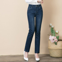 迪鲁奥(DILUAO)新款女装涂层牛仔布裤女裤高腰显瘦2019年秋季新款中老年女裤弹力大码长裤新款女装 蓝色