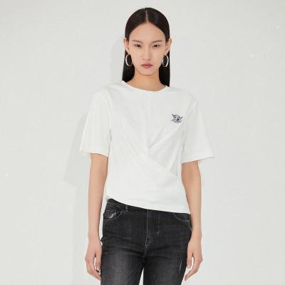 [2件2折价:57]MECITY女装夏季新款休闲印花图案打褶结构设计短袖圆领T恤女
