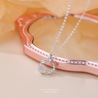 超仙气质花环项链女s999纯银百搭轻奢幻彩玫瑰花锁骨链足银高级感送女朋友老婆情人节七夕生日礼物