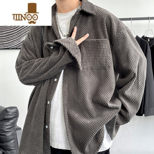 YANXU华夫格衬衫男ins潮美式hiphop炸街长袖衬衣痞帅宽松百搭外套