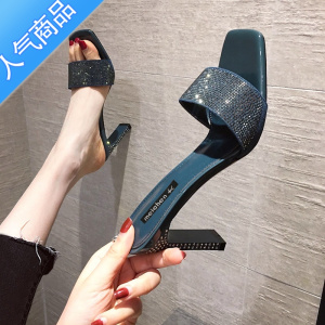 SUNTEK2023年夏新款网红水晶一字拖水钻凉拖鞋女外穿时尚高跟拖鞋女粗跟