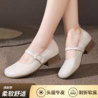 25秋季新款单鞋女头层牛皮圆头皮鞋四季日系一字扣复古粗跟妈妈鞋