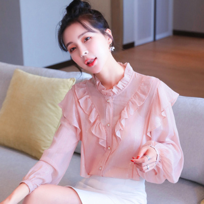 晗亦然2021春新款灯笼袖衬衫女荷叶边长袖木耳领气质小衫5565