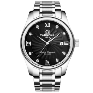 瑞士嘉年华CARNIVAL手表 新款名匠系列镶水钻男士商务石英表 男日历防水精钢带男表腕表 8828G水钻石英款
