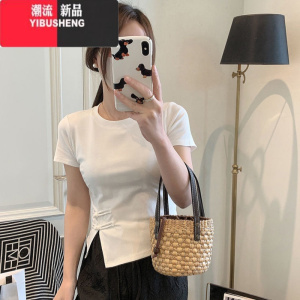 YIBUSHENG新中式短袖t恤女2024季时尚设计感开叉盘扣国风短款上衣女