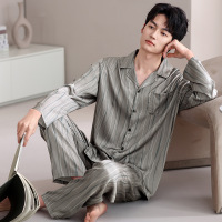 秋冬季男士新款冰丝睡衣长袖长裤两件套休闲简约家居服大码可外穿