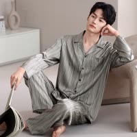 秋冬季男士新款冰丝睡衣长袖长裤两件套休闲简约家居服大码可外穿