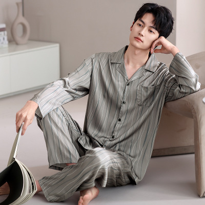 秋冬季男士新款冰丝睡衣长袖长裤两件套休闲简约家居服大码可外穿