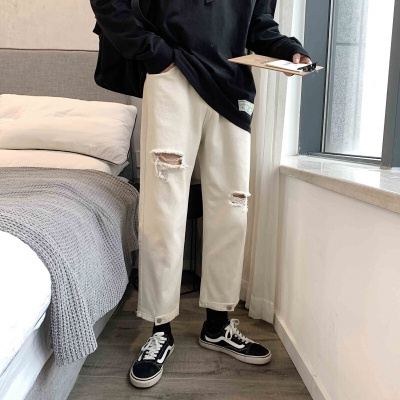 梵克公牛超火cec裤子男韩版潮流常规百搭春季牛仔裤港风chic水洗九分裤ins杏色S