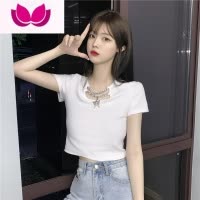 七斓韩版修身显瘦方领法式短款上衣女设计感夏天辣妹bm风白色短袖t恤