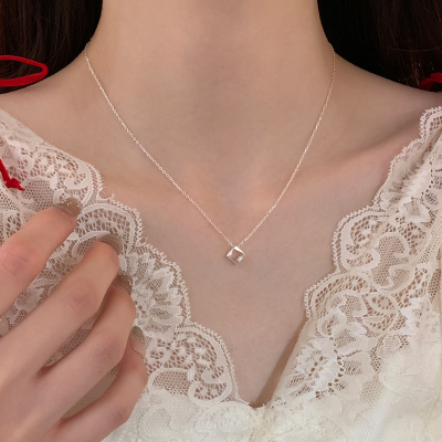 纯银方块几何日常百搭配裙子高级感小项链不掉色夏日配饰精致送女朋友老婆情人节七夕生日礼物