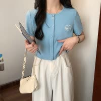 [1折价29.9元叠加优惠券]唐狮短袖T恤夏款针织上衣女圆领短款显高小个子气质百搭
