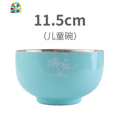 韩式炫彩304不锈钢碗家用成人餐具碗双层隔热保温儿童碗创意加厚 FENGHOU 11.5cm蓝色