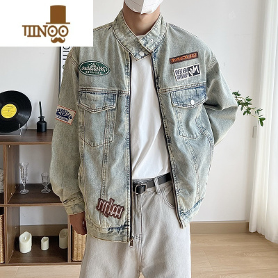 YANXU美式复古牛仔外套男秋季宽松休闲百搭潮牌水洗做旧立领夹克上衣