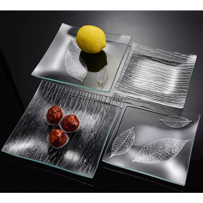 诗阔方形钢化玻璃水果盘子20cm*20cm树叶图案