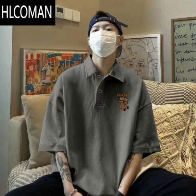 HLCOMAN深灰色翻领polo衫男春季港风宽松短袖t恤简约百搭青少年半袖上衣
