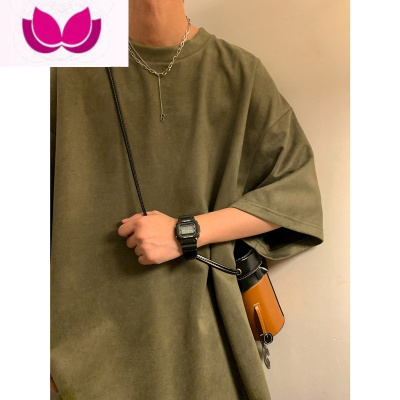 七斓牛油果绿320gT恤男美式复古绒短袖oversize情侣七分半袖