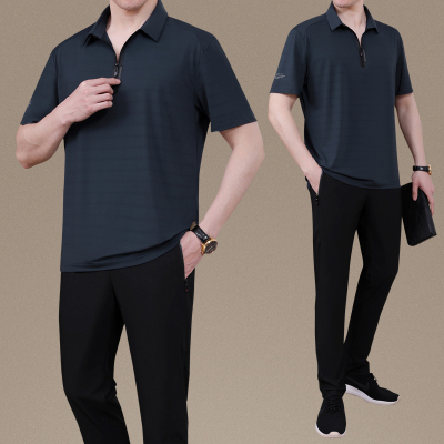 爸爸夏装套装中老年冰丝大码休闲运动装2021夏季新款短袖长裤男装