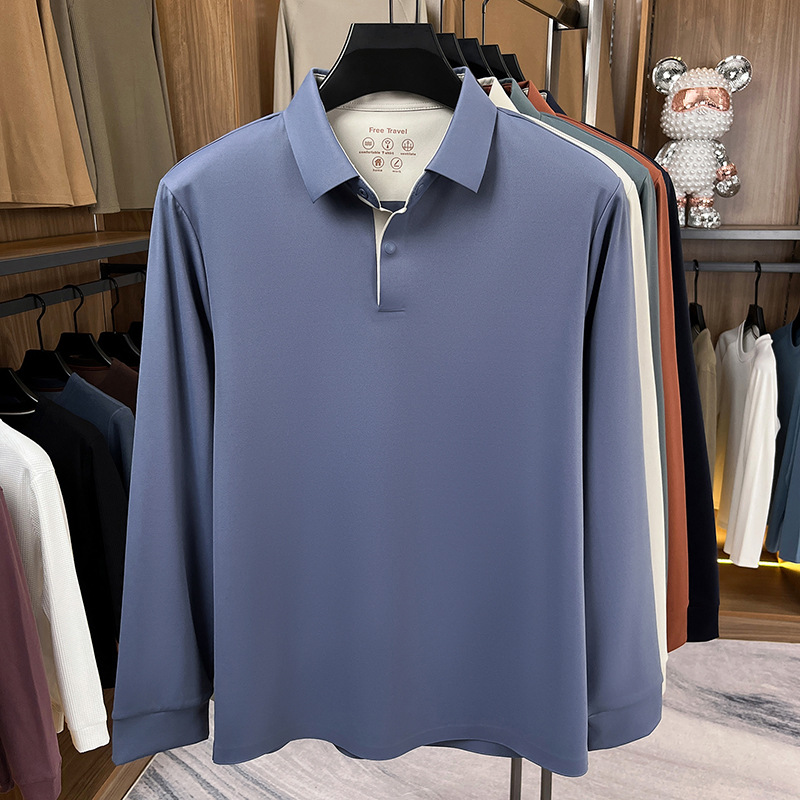 锦氨无痕7A长袖T恤男秋季新款纯色翻领男士polo衫