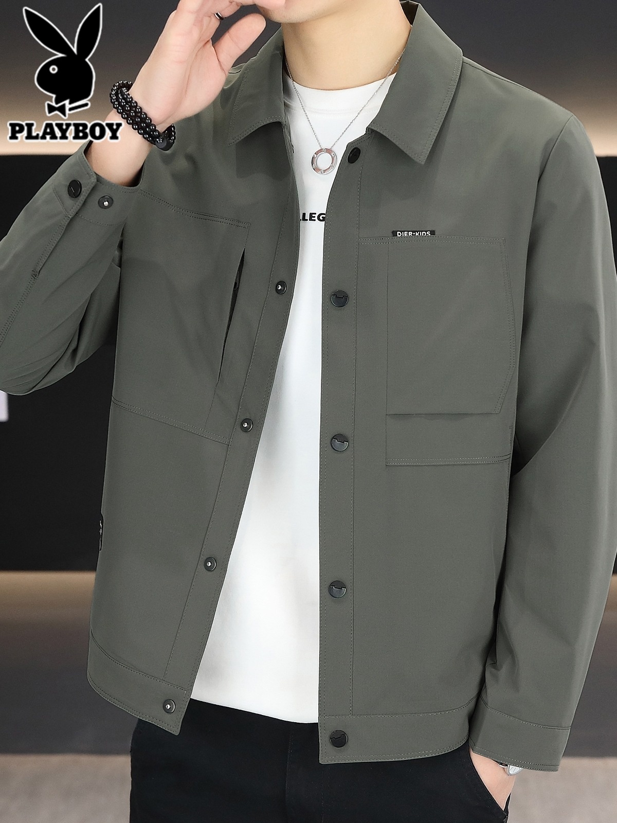 花花公子翻领夹克男士上衣服2025年秋季新款宽松商务休闲外套男装