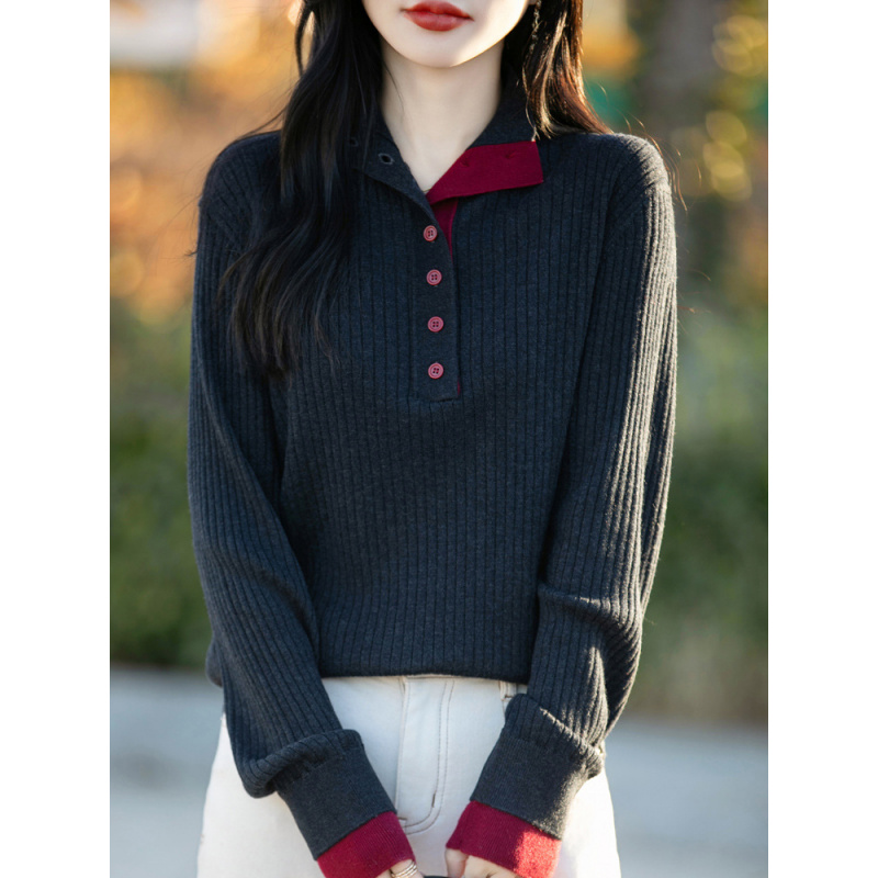 精纺羊毛立领拼色假两件针织衫女士坑条显瘦毛衣洋气减龄