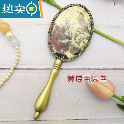 敬平欧式复古青铜金属手柄镜子女化妆镜小号便携随身少女公主圆手持镜 黄底2只鸟便携式用镜
