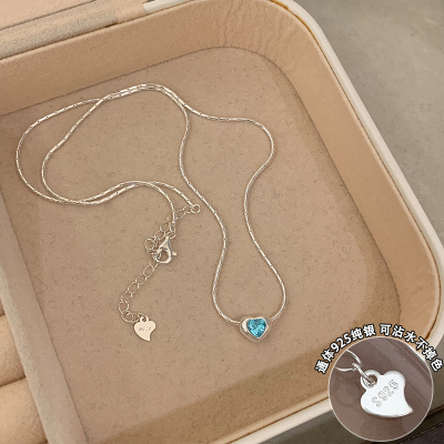 s925纯银蓝色爱心锆石项链轻奢高级感个性简约锁骨链气质时尚送女朋友老婆情人节七夕生日礼物