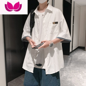 七斓夏季日系短袖衬衫男韩版潮流宽松外套ins潮牌港风百搭半袖上衣服