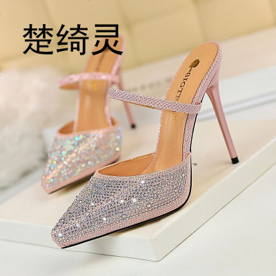 楚绮灵8902-2欧美女鞋细跟超高跟防水台浅口尖头水钻一字带女凉拖鞋