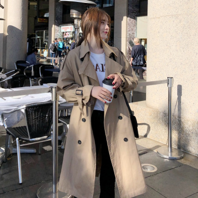 FISHBASKET时髦韩版外套女2019秋季新款复古慵懒风收腰系带中长款双排扣风衣风衣女