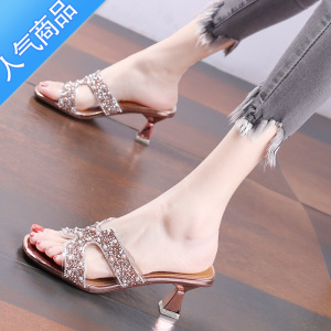SUNTEK2023网红凉拖女外穿拖鞋仙女风法式气质水钻粗跟高跟鞋配裙子