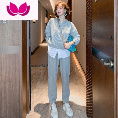 七斓休闲时尚套装女洋气时髦网红灰色加绒运动假卫衣套潮