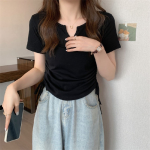 设计感V领抽绳修身纯欲风短袖T恤女装夏季新款纯色学生上衣潮