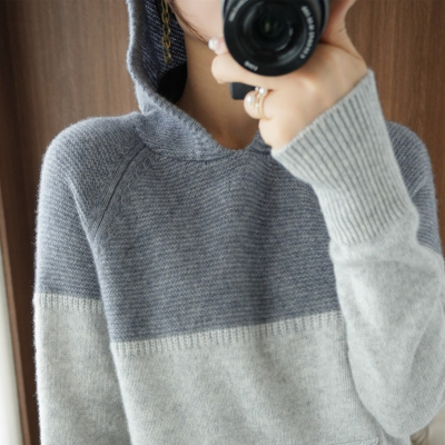 羊绒针织卫衣女2021年秋冬新款拼色连帽毛衣宽松带兜羊毛针织帽衫