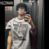 HLCOMAN浅灰色潮牌ins痞帅印花短袖T恤男款夏季美式高街半袖上衣
