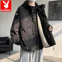 花花公子棉服男冬季潮牌痞帅加绒加厚连帽冲锋衣工装休闲夹克外套