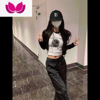 七斓美式复古插肩长袖t恤女春季打底衫修身辣妹风短款正肩上衣潮