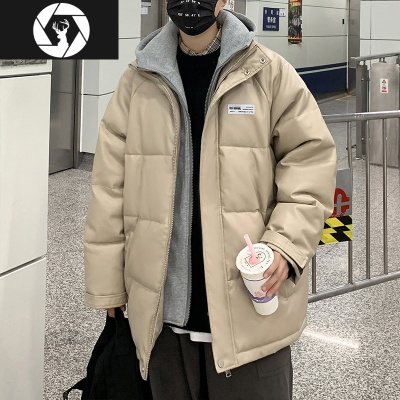 HongZun冬季假两件连帽皮棉衣男士潮牌保暖加厚棉袄韩版chic宽松棉服外套棉衣