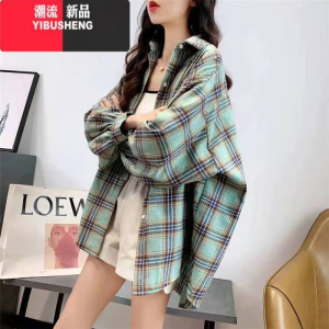 YIBUSHENG格子衬衫女早秋新款设计感小众宽松长袖薄款外套复古港风休闲衬衣