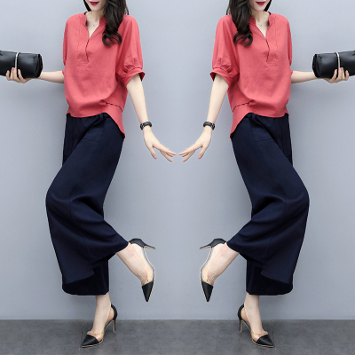 亚麻套装女2020夏季新款宽松显瘦休闲文艺范两件套棉麻阔腿裤