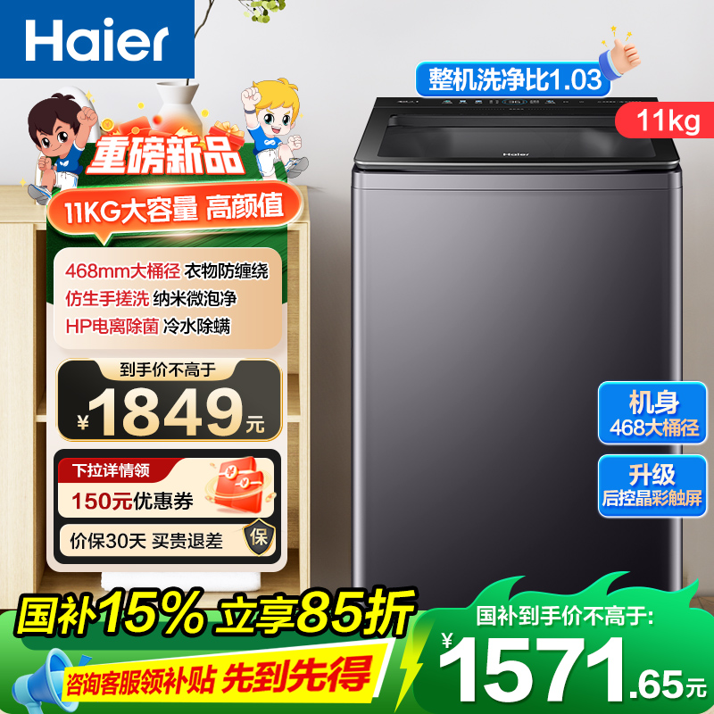 海尔(Haier)11公斤 变频 全自动波轮洗衣机 手搓式 除菌螨 后置触控 语音播报 星蕴银 XQB110-BS57B
