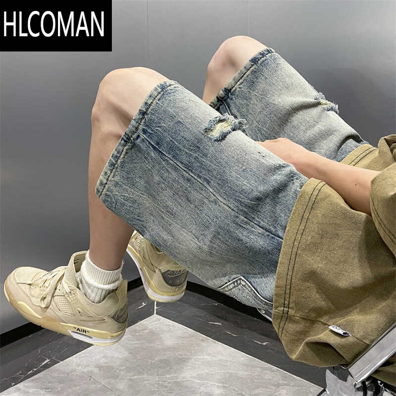 HLCOMAN破洞牛仔短裤男夏季新款宽松直筒五分裤水洗做旧潮牌复古休闲中裤