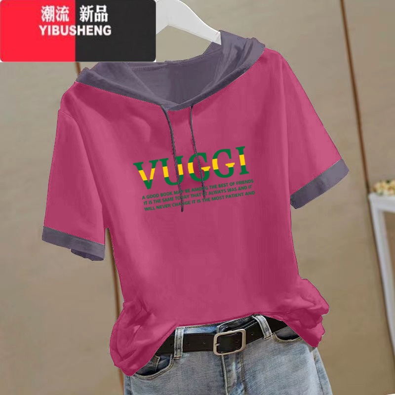 YIBUSHENG连帽拼接短袖t恤女2024新款宽松印花时尚减龄妈妈上衣国风
