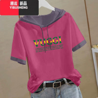 YIBUSHENG连帽拼接短袖t恤女2024新款宽松印花时尚减龄妈妈上衣国风