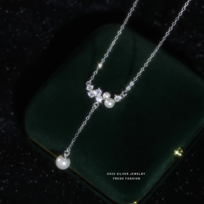 s925纯银长款流苏圆珠项链女轻奢闪亮锆石吊坠韩版时尚锁骨链批发送女朋友老婆情人节七夕生日礼物