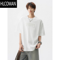 HLCOMAN潮牌字母钢印圆领五分袖男女夏季美式痞帅宽松纯色短袖T恤潮