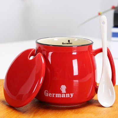哲飞家居陶瓷杯子马克杯带盖勺创意简约情侣早餐杯牛奶杯l咖啡杯大水杯生活日用家居器皿水具水杯家居日用早餐杯+深红+瓷勺