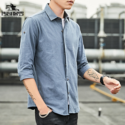 传奇保罗（CHUANQIBAOLUO）2021棉衬衫男士七分袖夏季新款韩版衬衣帅气修身寸衫纯色日常