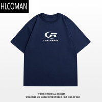 HLCOMAN美式小众字母印花藏青色短袖t恤男夏季潮牌宽松休闲上衣