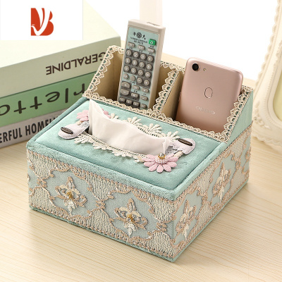 三维工匠欧式多纸巾盒客厅抽纸盒遥控器收纳盒布艺蕾丝桌面纸抽盒家用 琉璃-绿色